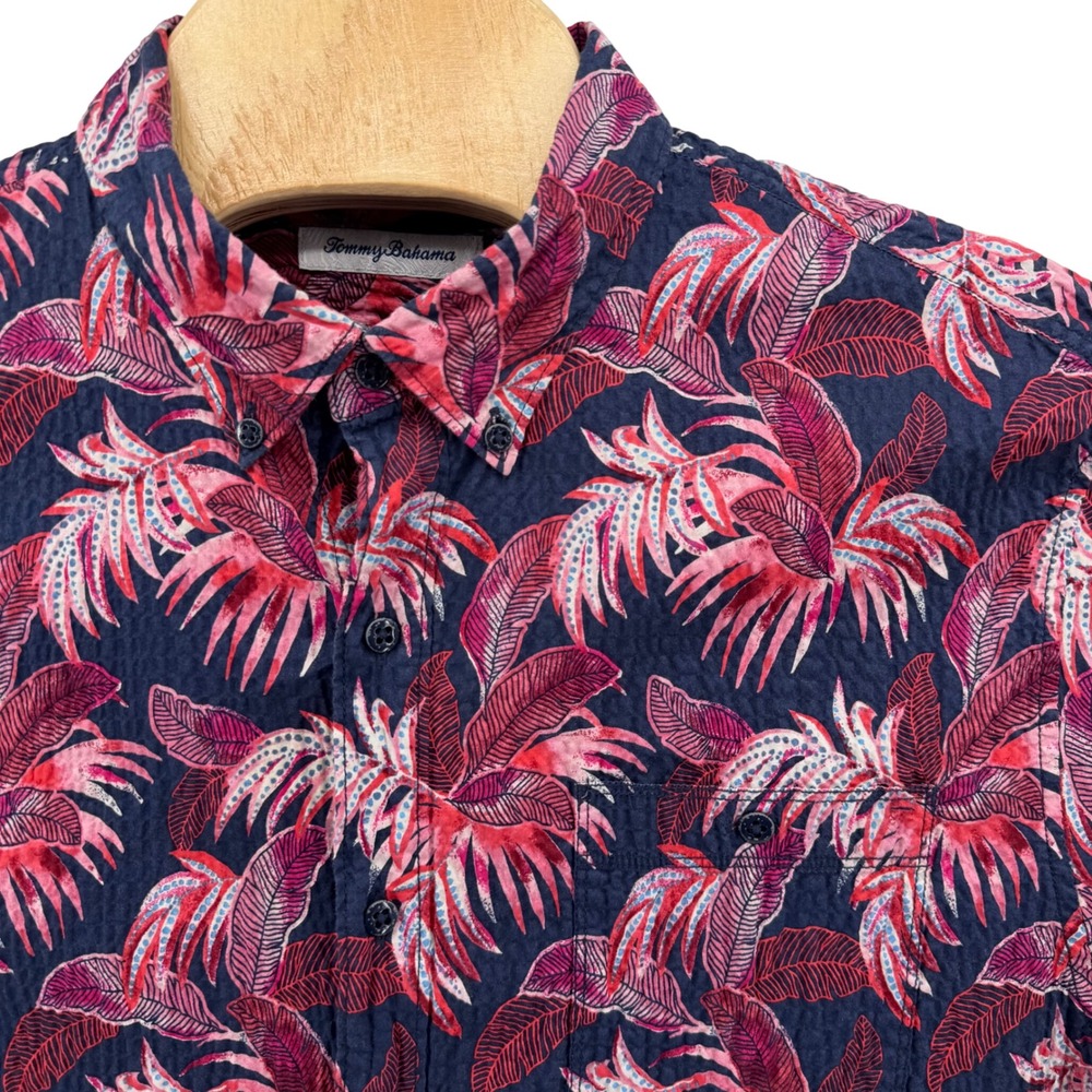 Tommy Bahama Shirt Mens Large Navy Pink Tropical Leaf Seersucker Button Down - Picture 4 of 9